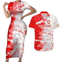 Switzerland Flag Couples Matching Short Sleeve Bodycon Dress and Hawaiian Shirt with Camo Red White Sportswear with Swiss Cross Shield - Wonder Print Shop