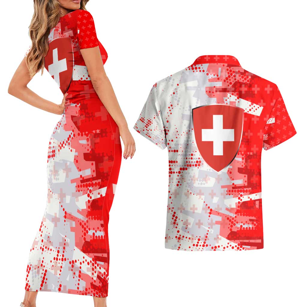 Switzerland Flag Couples Matching Short Sleeve Bodycon Dress and Hawaiian Shirt with Camo Red White Sportswear with Swiss Cross Shield - Wonder Print Shop