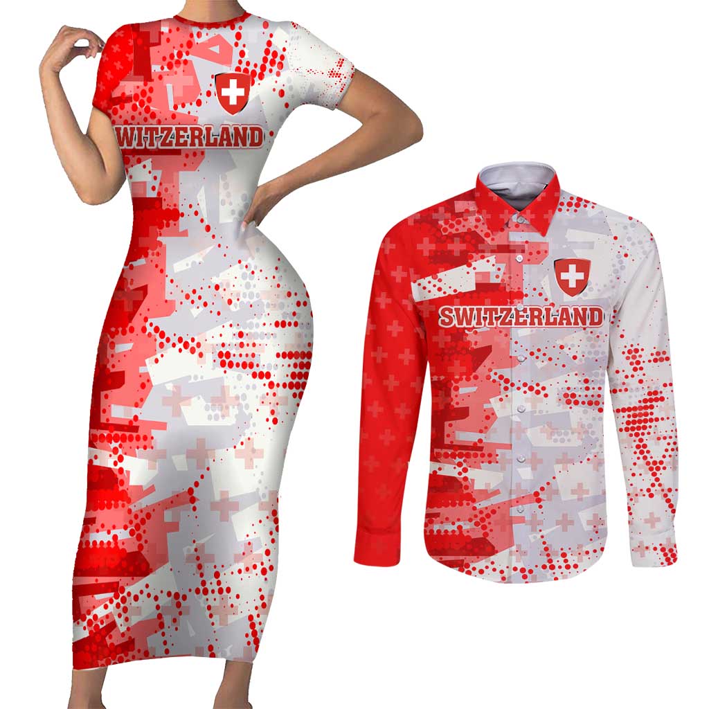 Switzerland Flag Couples Matching Short Sleeve Bodycon Dress and Long Sleeve Button Shirt with Camo Red White Sportswear with Swiss Cross Shield - Wonder Print Shop