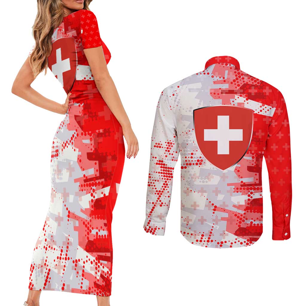 Switzerland Flag Couples Matching Short Sleeve Bodycon Dress and Long Sleeve Button Shirt with Camo Red White Sportswear with Swiss Cross Shield - Wonder Print Shop
