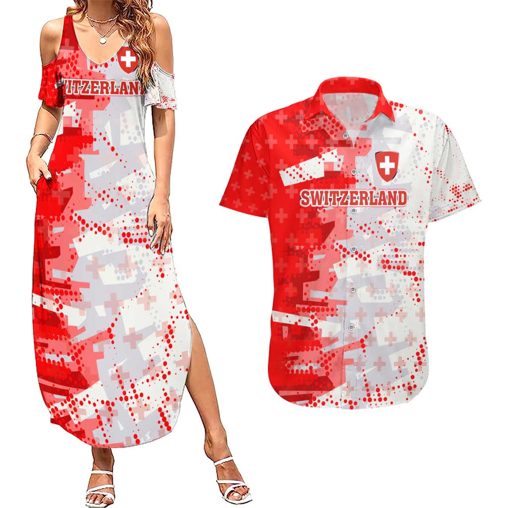 Switzerland Flag Couples Matching Summer Maxi Dress and Hawaiian Shirt with Camo Red White Sportswear with Swiss Cross Shield - Wonder Print Shop