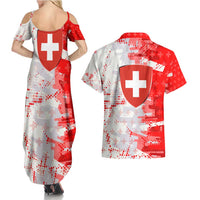 Switzerland Flag Couples Matching Summer Maxi Dress and Hawaiian Shirt with Camo Red White Sportswear with Swiss Cross Shield - Wonder Print Shop