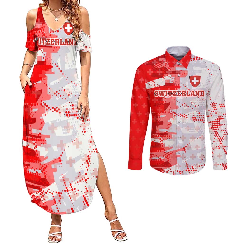Switzerland Flag Couples Matching Summer Maxi Dress and Long Sleeve Button Shirt with Camo Red White Sportswear with Swiss Cross Shield - Wonder Print Shop