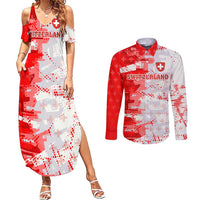 Switzerland Flag Couples Matching Summer Maxi Dress and Long Sleeve Button Shirt with Camo Red White Sportswear with Swiss Cross Shield - Wonder Print Shop