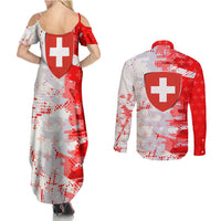 Switzerland Flag Couples Matching Summer Maxi Dress and Long Sleeve Button Shirt with Camo Red White Sportswear with Swiss Cross Shield - Wonder Print Shop