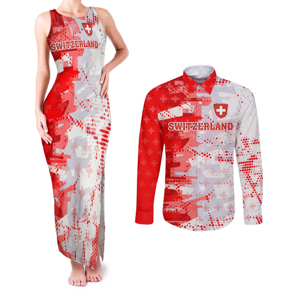 Switzerland Flag Couples Matching Tank Maxi Dress and Long Sleeve Button Shirt with Camo Red White Sportswear with Swiss Cross Shield - Wonder Print Shop