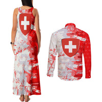 Switzerland Flag Couples Matching Tank Maxi Dress and Long Sleeve Button Shirt with Camo Red White Sportswear with Swiss Cross Shield - Wonder Print Shop
