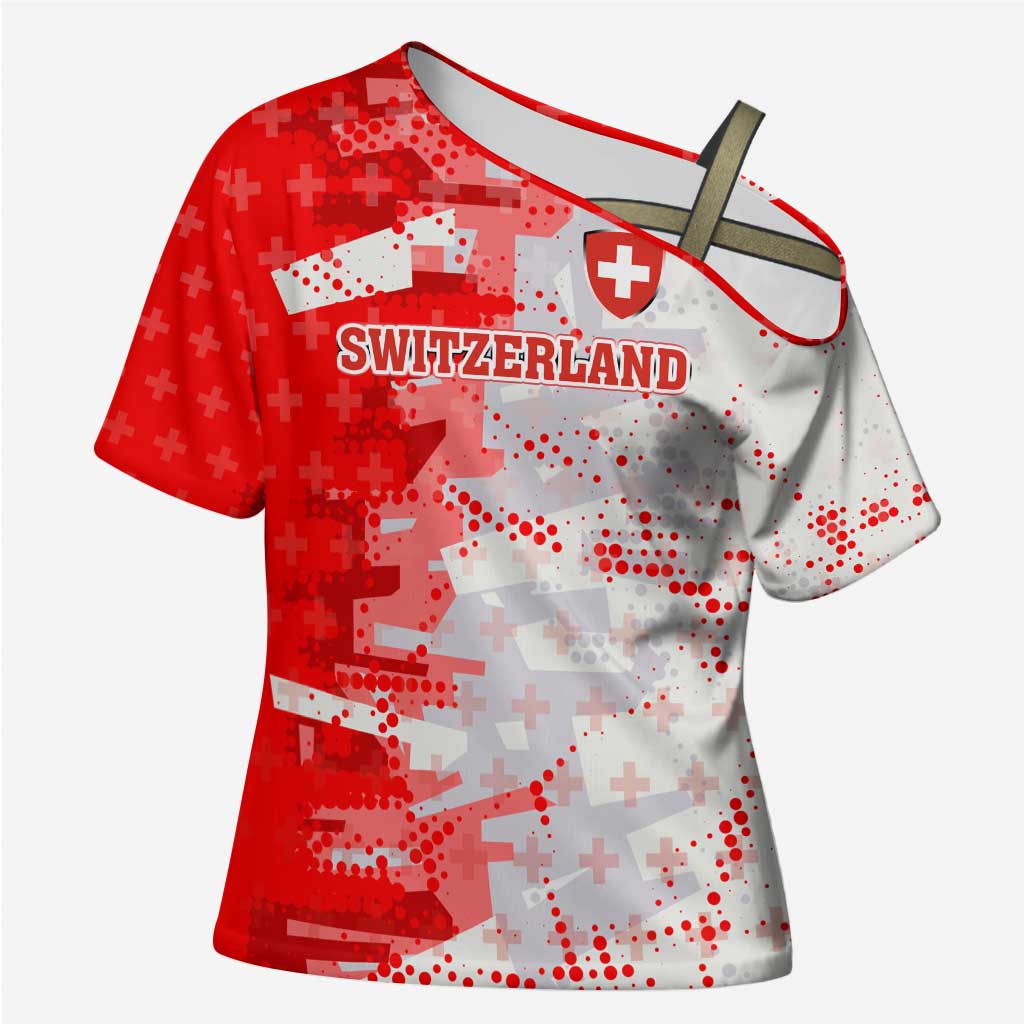 Switzerland Flag Cross Shoulder Shirt with Camo Red White Sportswear with Swiss Cross Shield - Wonder Print Shop