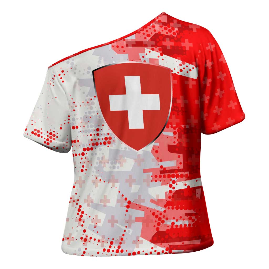 Switzerland Flag Cross Shoulder Shirt with Camo Red White Sportswear with Swiss Cross Shield - Wonder Print Shop