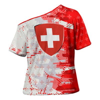Switzerland Flag Cross Shoulder Shirt with Camo Red White Sportswear with Swiss Cross Shield - Wonder Print Shop