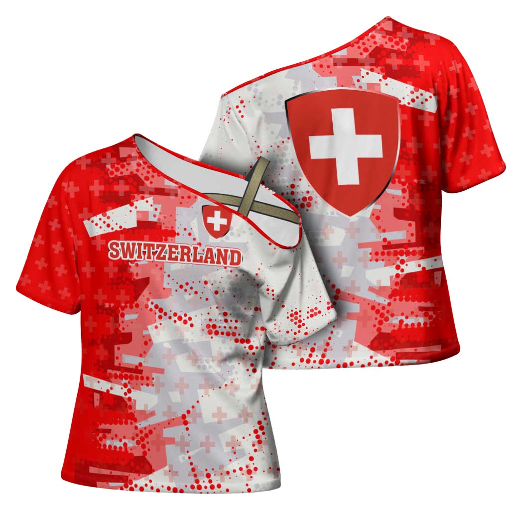 Switzerland Flag Cross Shoulder Shirt with Camo Red White Sportswear with Swiss Cross Shield - Wonder Print Shop