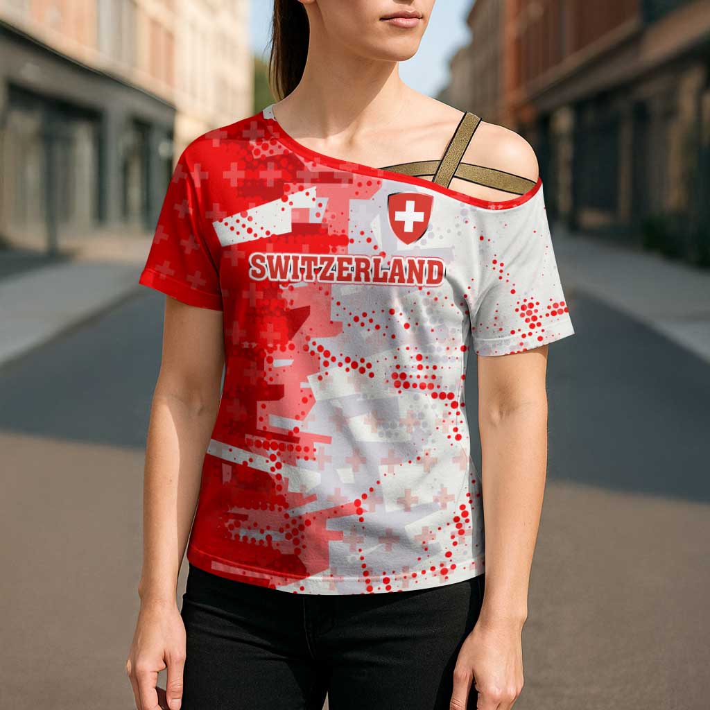 Switzerland Flag Cross Shoulder Shirt with Camo Red White Sportswear with Swiss Cross Shield - Wonder Print Shop