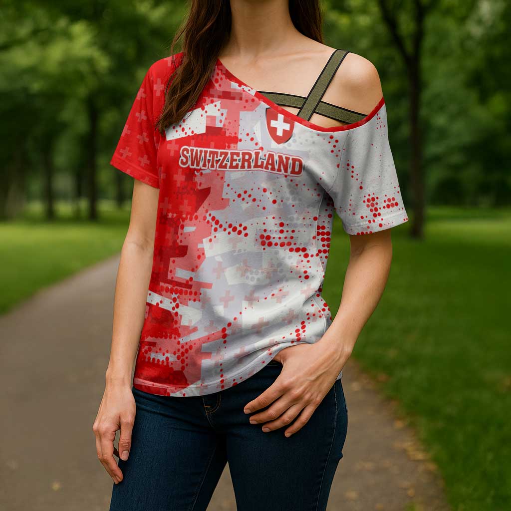 Switzerland Flag Cross Shoulder Shirt with Camo Red White Sportswear with Swiss Cross Shield - Wonder Print Shop