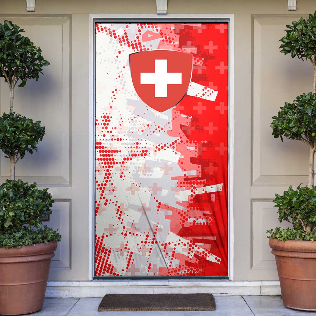 Switzerland Flag Door Cover with Camo Red White Sportswear with Swiss Cross Shield - Wonder Print Shop