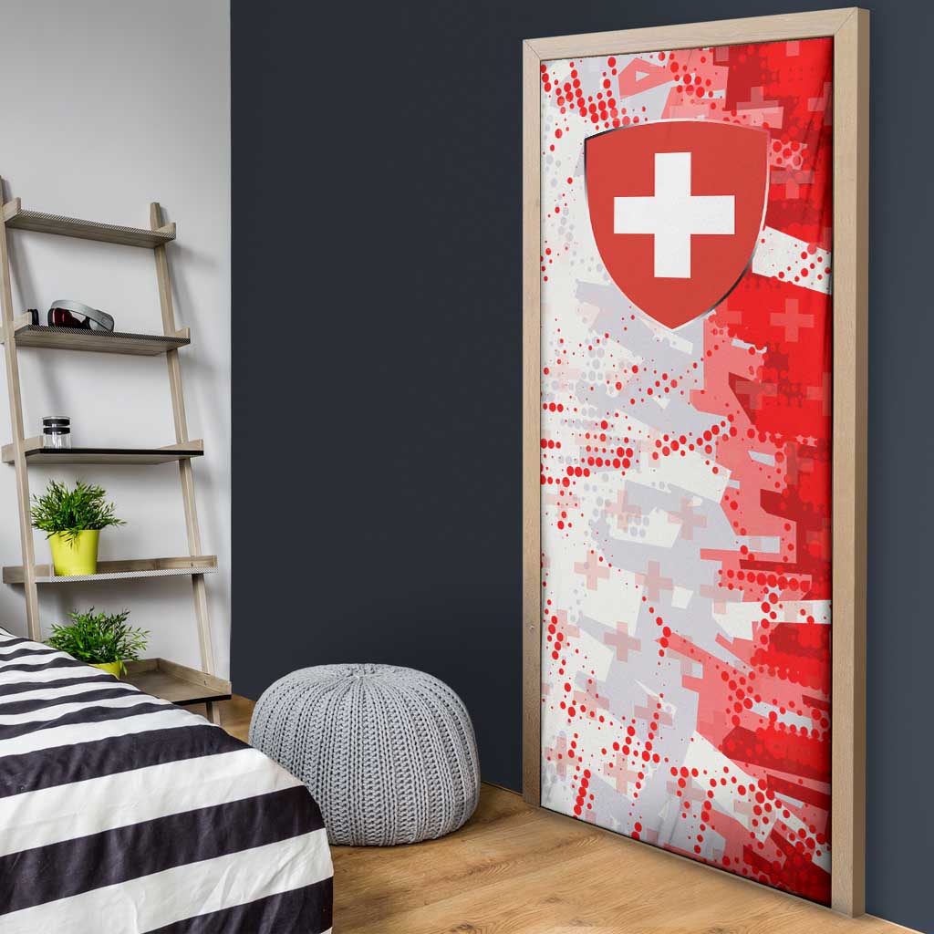 Switzerland Flag Door Cover with Camo Red White Sportswear with Swiss Cross Shield - Wonder Print Shop