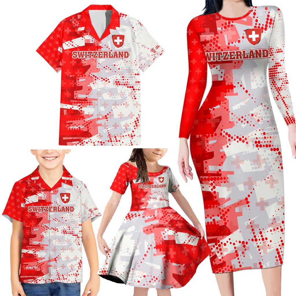 Switzerland Flag Family Matching Long Sleeve Bodycon Dress and Hawaiian Shirt with Camo Red White Sportswear with Swiss Cross Shield - Wonder Print Shop