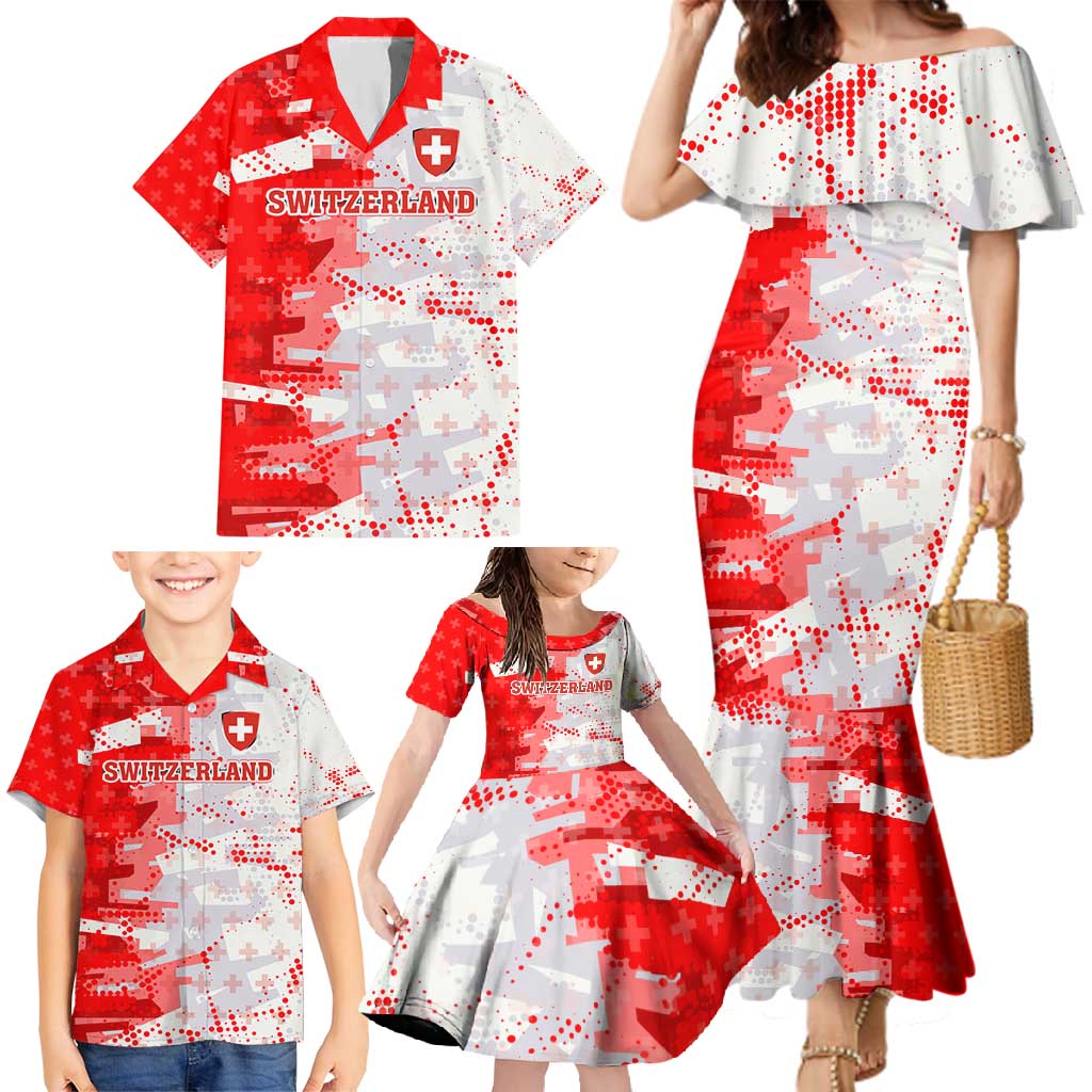 Switzerland Flag Family Matching Mermaid Dress and Hawaiian Shirt with Camo Red White Sportswear with Swiss Cross Shield - Wonder Print Shop