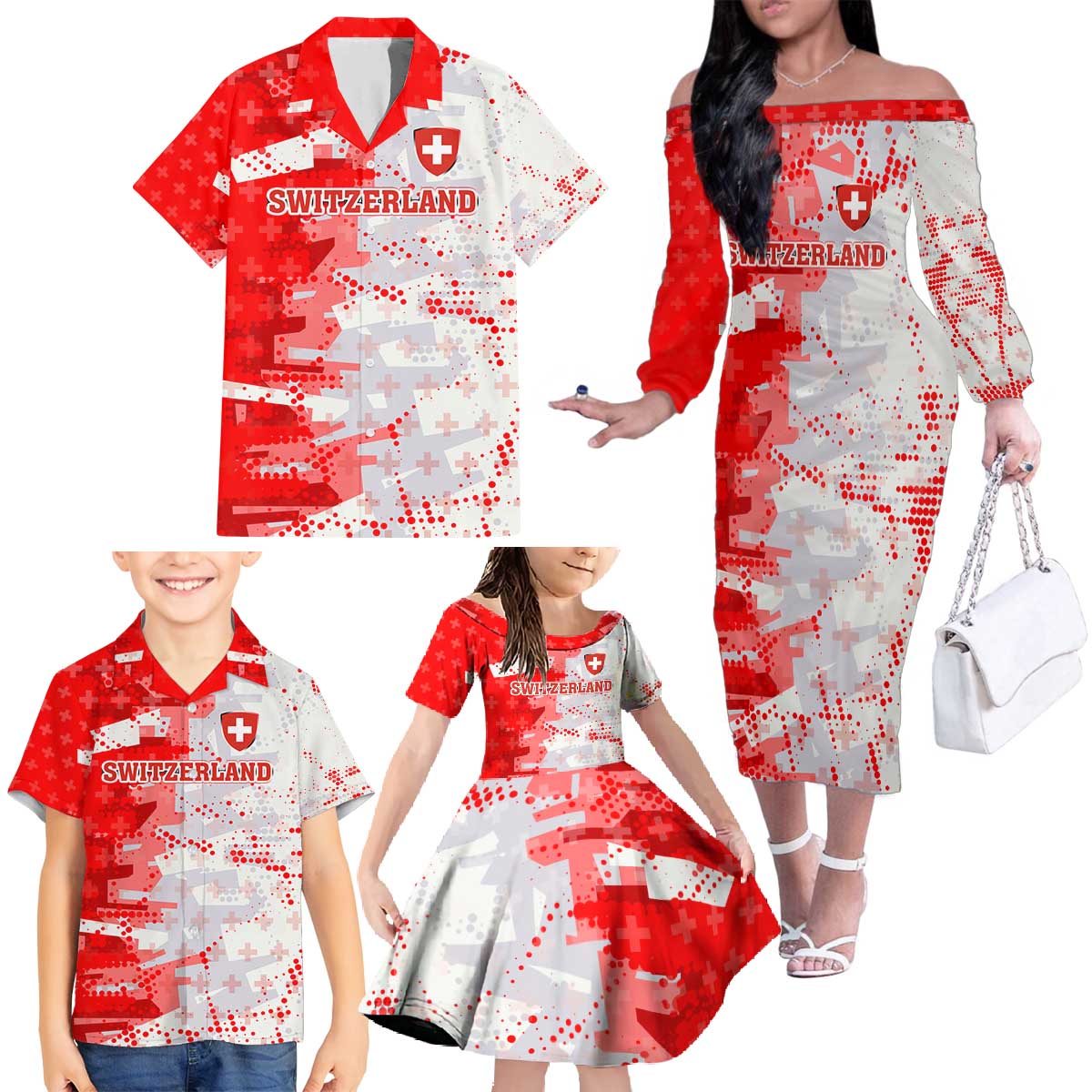 Switzerland Flag Family Matching Off The Shoulder Long Sleeve Dress and Hawaiian Shirt with Camo Red White Sportswear with Swiss Cross Shield - Wonder Print Shop