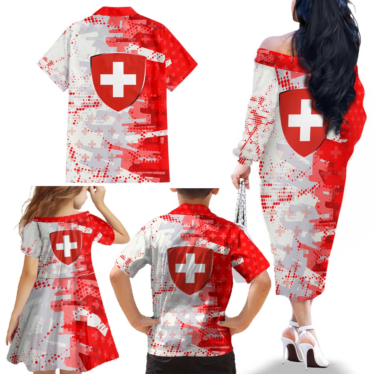 Switzerland Flag Family Matching Off The Shoulder Long Sleeve Dress and Hawaiian Shirt with Camo Red White Sportswear with Swiss Cross Shield - Wonder Print Shop