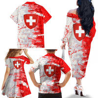 Switzerland Flag Family Matching Off The Shoulder Long Sleeve Dress and Hawaiian Shirt with Camo Red White Sportswear with Swiss Cross Shield - Wonder Print Shop
