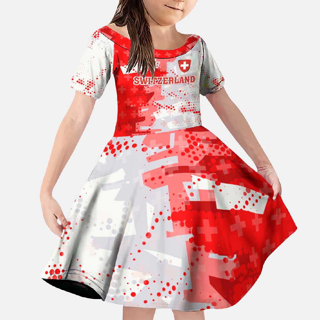 Switzerland Flag Family Matching Off Shoulder Maxi Dress and Hawaiian Shirt with Camo Red White Sportswear with Swiss Cross Shield - Wonder Print Shop