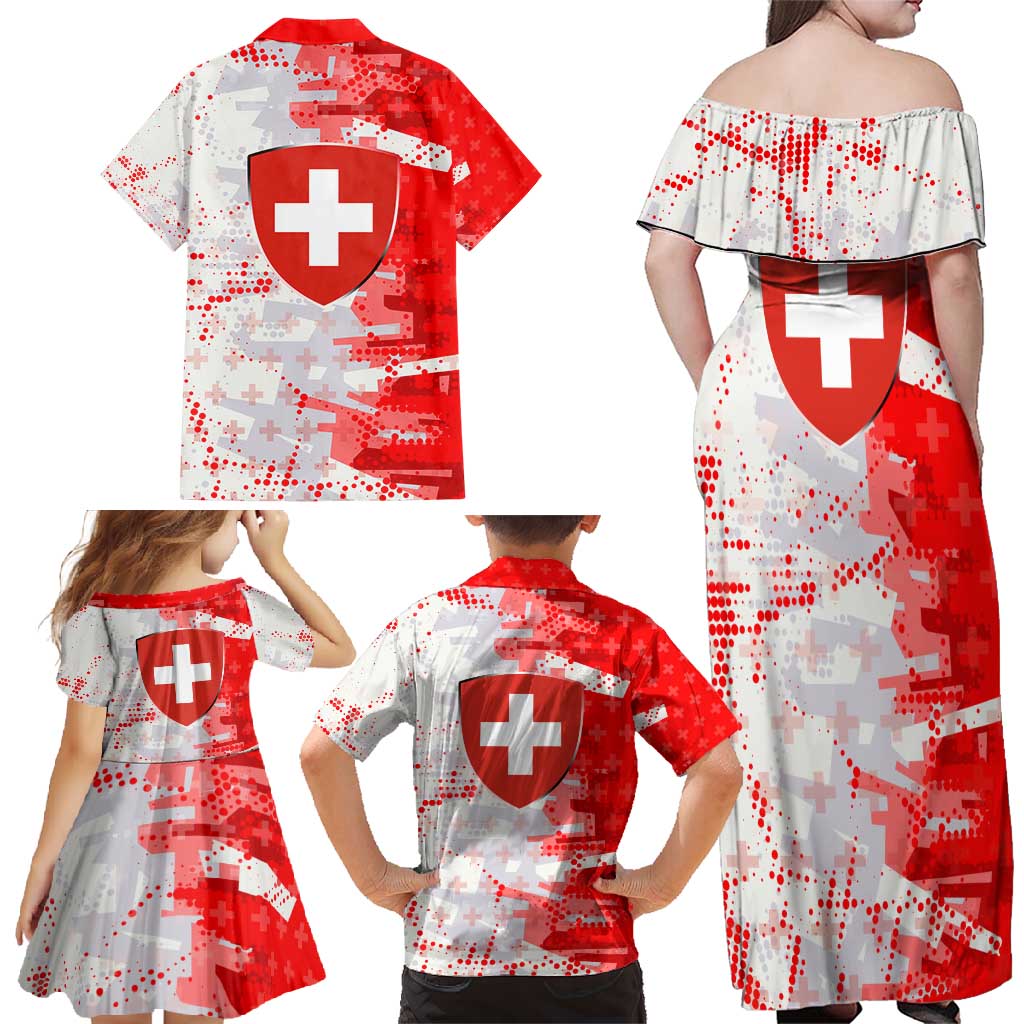 Switzerland Flag Family Matching Off Shoulder Maxi Dress and Hawaiian Shirt with Camo Red White Sportswear with Swiss Cross Shield - Wonder Print Shop