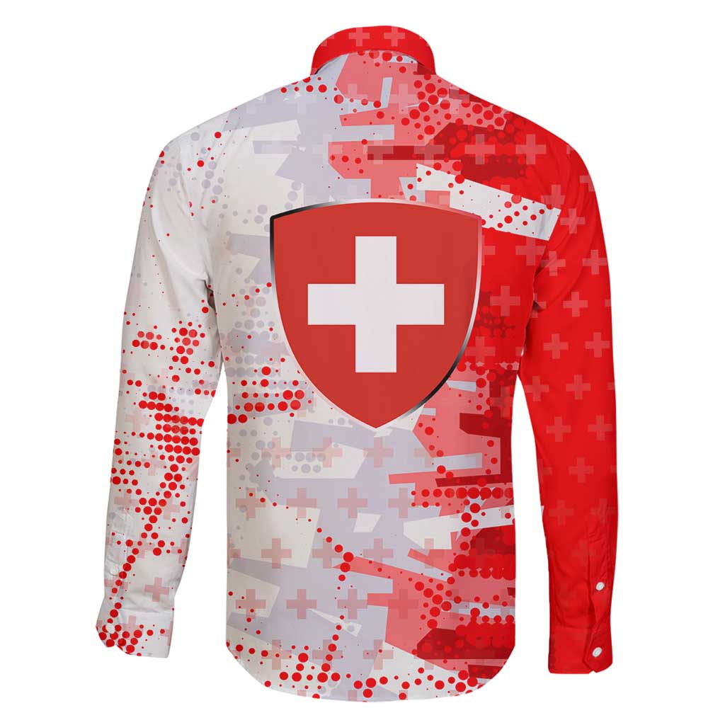 Switzerland Flag Family Matching Off Shoulder Maxi Dress and Hawaiian Shirt with Camo Red White Sportswear with Swiss Cross Shield - Wonder Print Shop