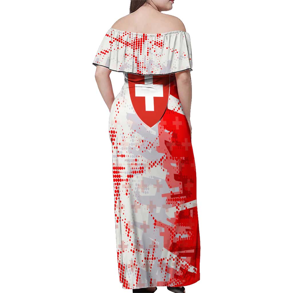 Switzerland Flag Family Matching Off Shoulder Maxi Dress and Hawaiian Shirt with Camo Red White Sportswear with Swiss Cross Shield - Wonder Print Shop