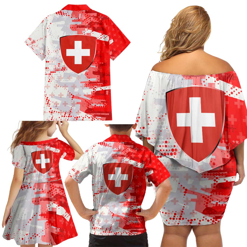 Switzerland Flag Family Matching Off Shoulder Short Dress and Hawaiian Shirt with Camo Red White Sportswear with Swiss Cross Shield - Wonder Print Shop