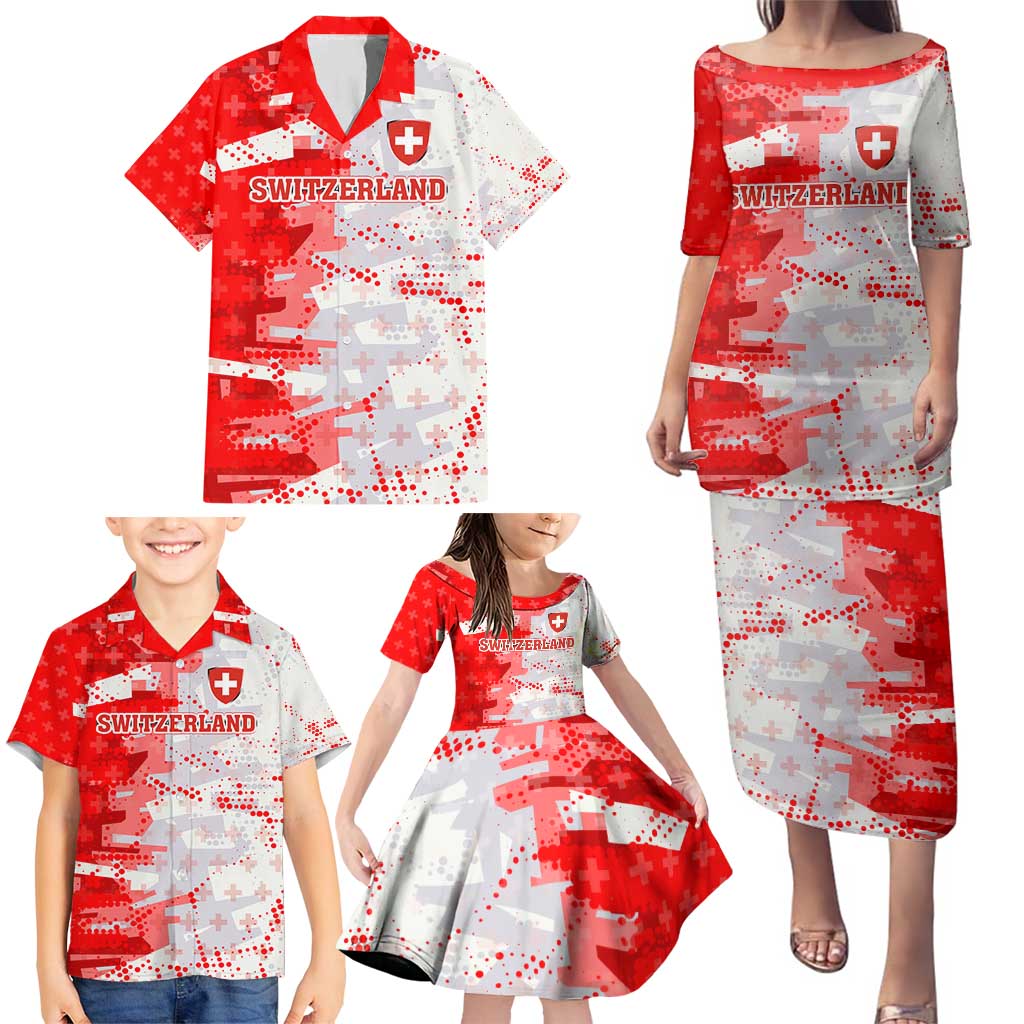 Switzerland Flag Family Matching Puletasi and Hawaiian Shirt with Camo Red White Sportswear with Swiss Cross Shield - Wonder Print Shop