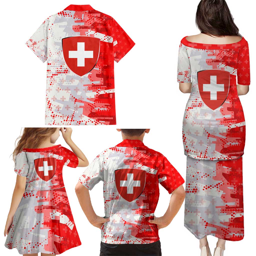 Switzerland Flag Family Matching Puletasi and Hawaiian Shirt with Camo Red White Sportswear with Swiss Cross Shield - Wonder Print Shop