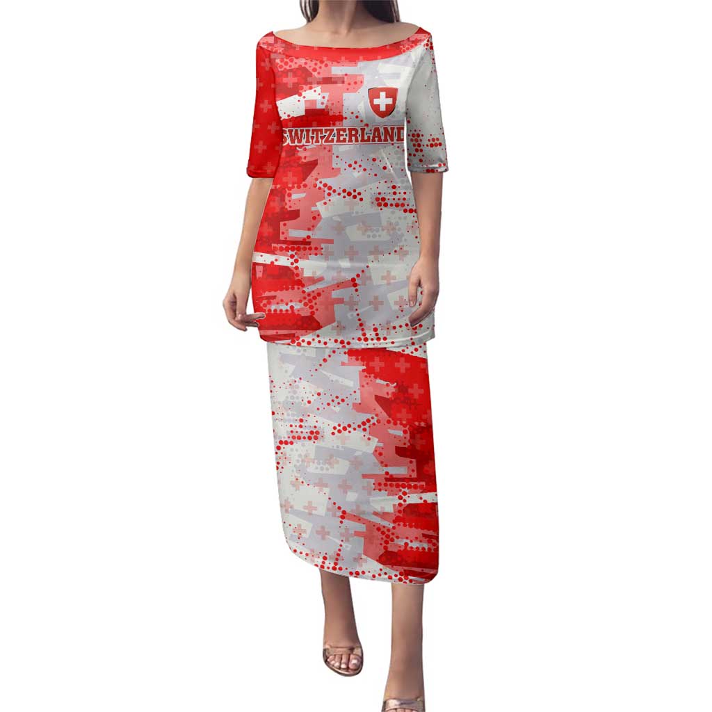 Switzerland Flag Family Matching Puletasi and Hawaiian Shirt with Camo Red White Sportswear with Swiss Cross Shield - Wonder Print Shop