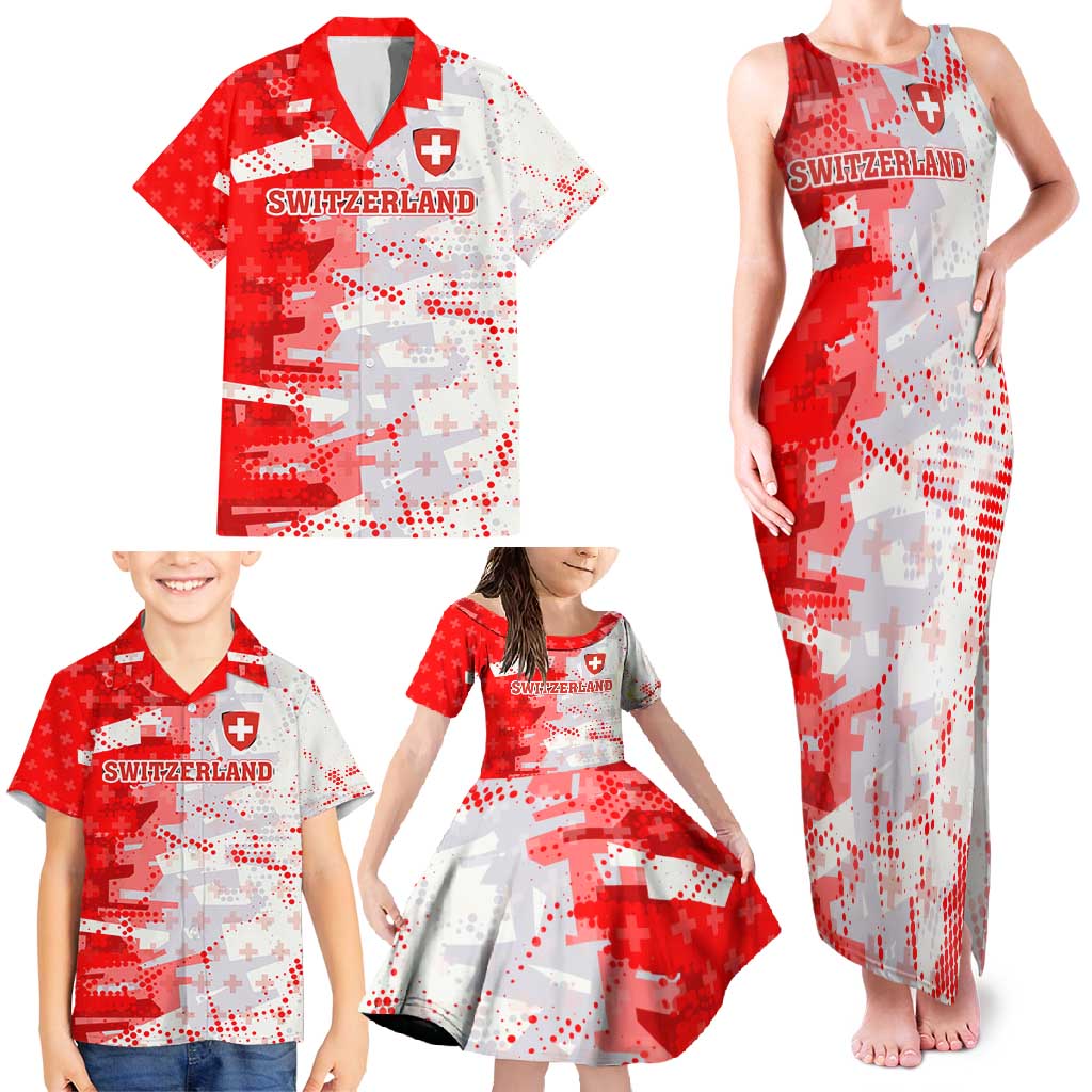 Switzerland Flag Family Matching Tank Maxi Dress and Hawaiian Shirt with Camo Red White Sportswear with Swiss Cross Shield - Wonder Print Shop