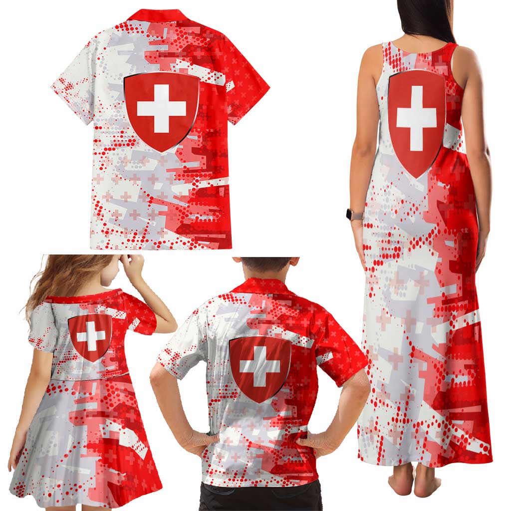 Switzerland Flag Family Matching Tank Maxi Dress and Hawaiian Shirt with Camo Red White Sportswear with Swiss Cross Shield - Wonder Print Shop