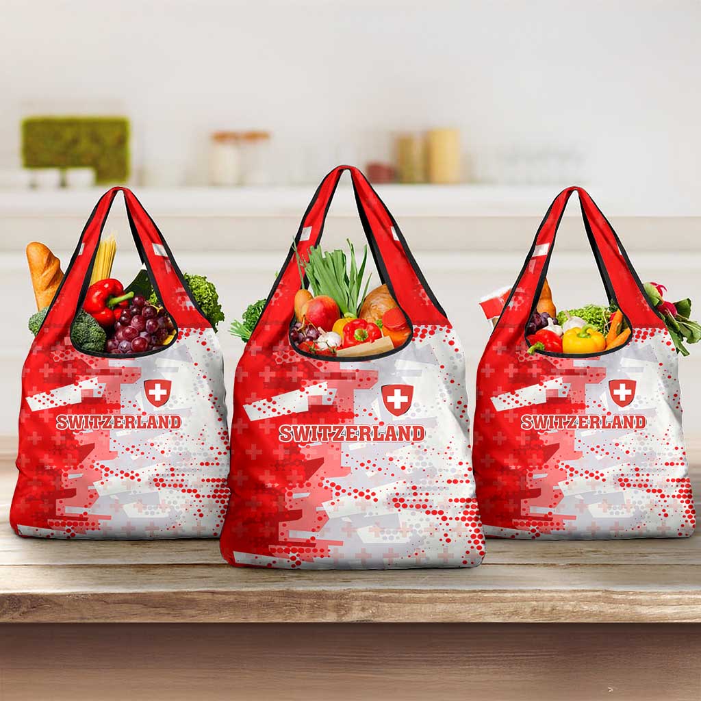 Switzerland Flag Grocery Bag with Camo Red White Sportswear with Swiss Cross Shield - Wonder Print Shop