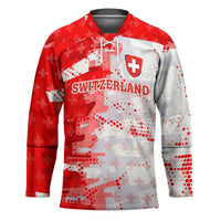 Switzerland Flag Hockey Jersey with Camo Red White Sportswear with Swiss Cross Shield - Wonder Print Shop