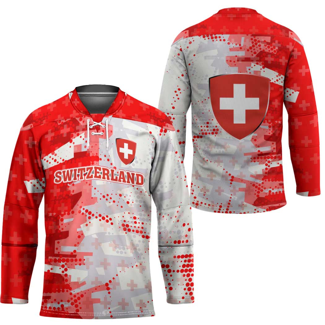 Switzerland Flag Hockey Jersey with Camo Red White Sportswear with Swiss Cross Shield - Wonder Print Shop