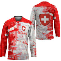 Switzerland Flag Hockey Jersey with Camo Red White Sportswear with Swiss Cross Shield - Wonder Print Shop