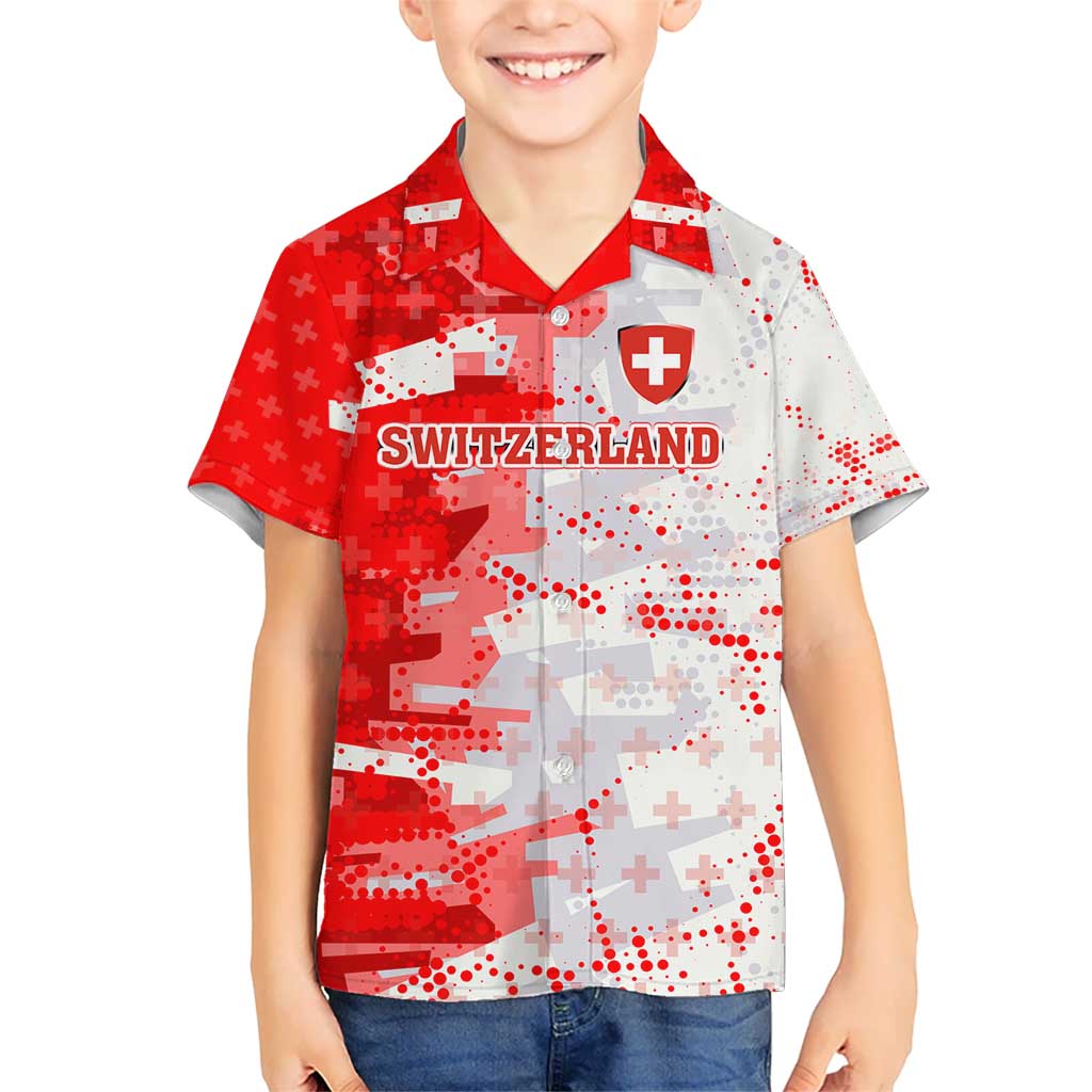 Switzerland Flag Kid Hawaiian Shirt with Camo Red White Sportswear with Swiss Cross Shield - Wonder Print Shop