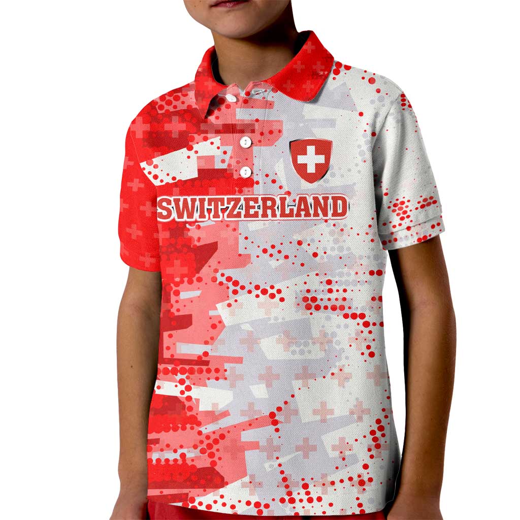 Switzerland Flag Kid Polo Shirt with Camo Red White Sportswear with Swiss Cross Shield - Wonder Print Shop