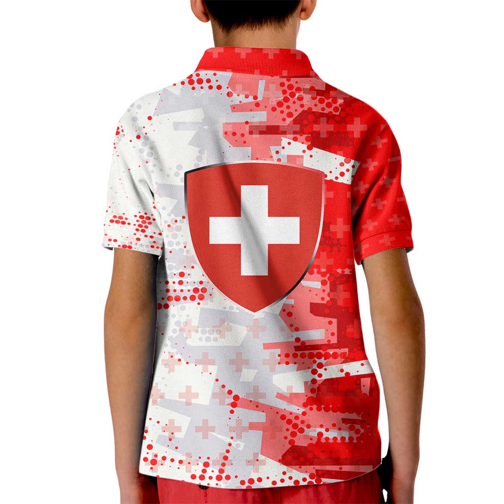 Switzerland Flag Kid Polo Shirt with Camo Red White Sportswear with Swiss Cross Shield - Wonder Print Shop