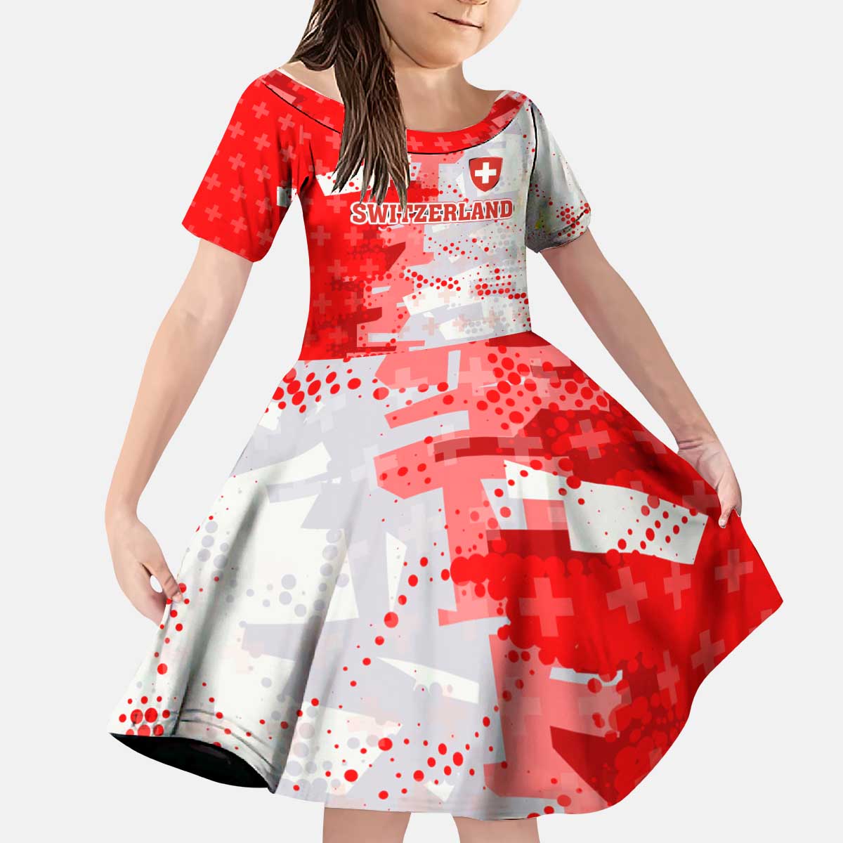 Switzerland Flag Kid Short Sleeve Dress with Camo Red White Sportswear with Swiss Cross Shield - Wonder Print Shop