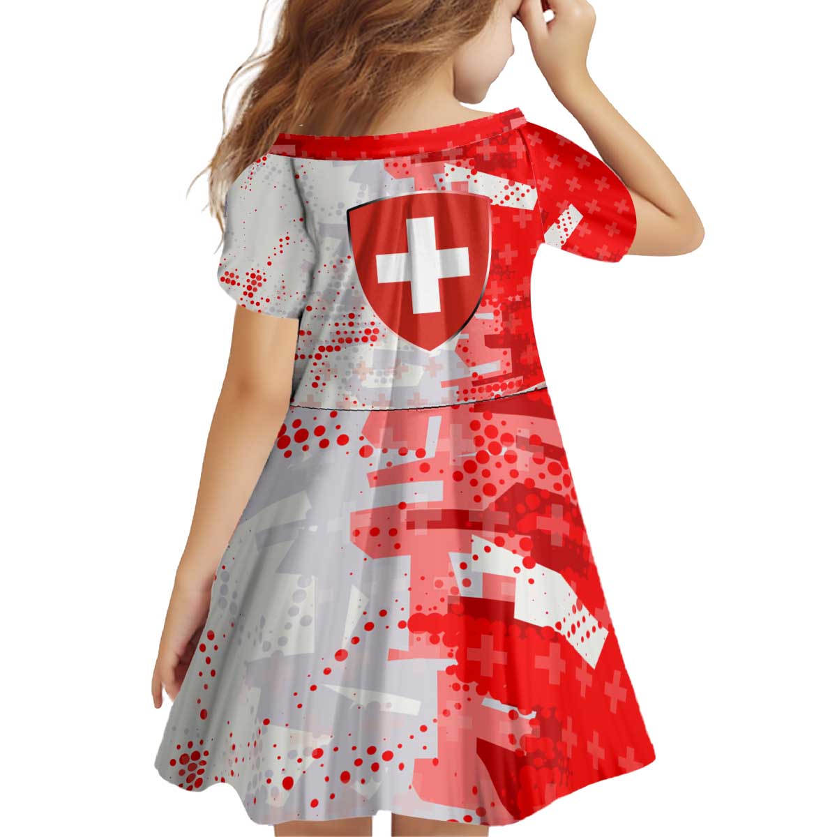 Switzerland Flag Kid Short Sleeve Dress with Camo Red White Sportswear with Swiss Cross Shield - Wonder Print Shop