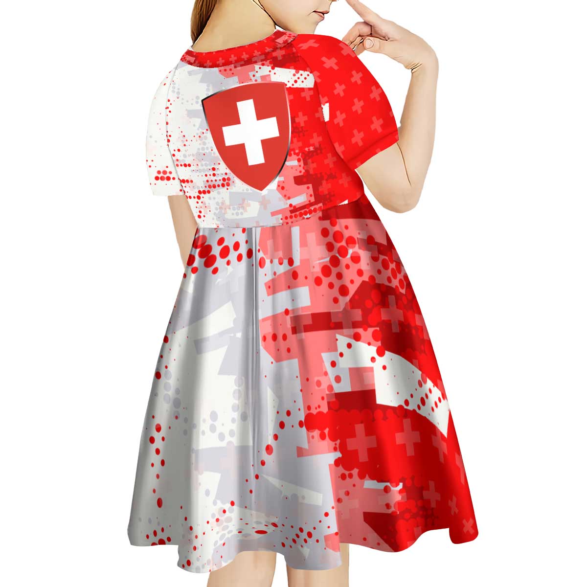 Switzerland Flag Kid Short Sleeve Dress with Camo Red White Sportswear with Swiss Cross Shield - Wonder Print Shop
