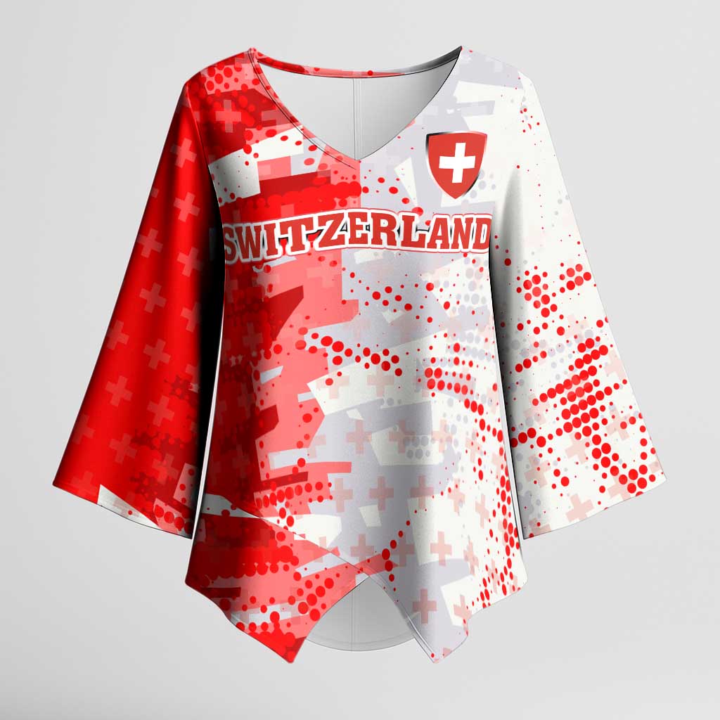 Switzerland Flag Kimono Sleeve Blouse with Camo Red White Sportswear with Swiss Cross Shield - Wonder Print Shop