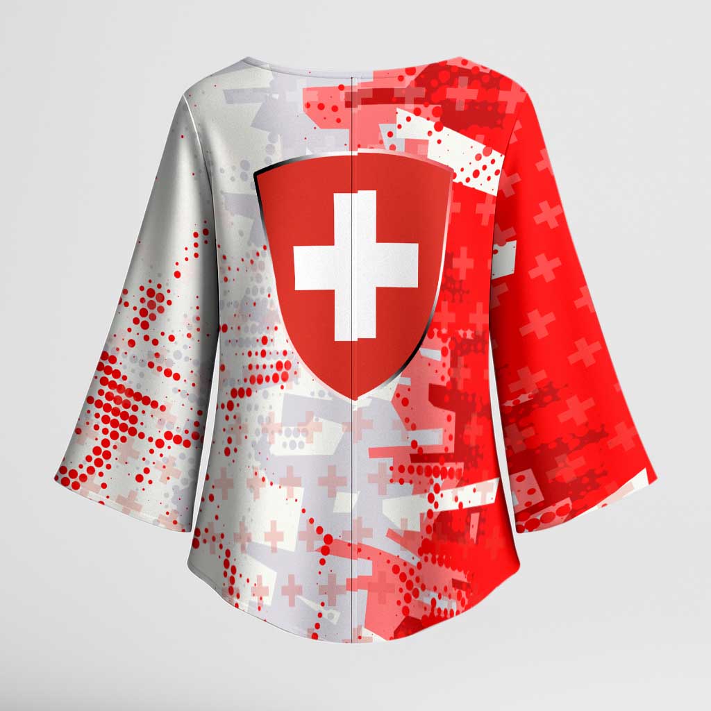 Switzerland Flag Kimono Sleeve Blouse with Camo Red White Sportswear with Swiss Cross Shield - Wonder Print Shop