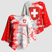 Switzerland Flag Kimono Sleeve Blouse with Camo Red White Sportswear with Swiss Cross Shield - Wonder Print Shop