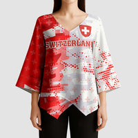Switzerland Flag Kimono Sleeve Blouse with Camo Red White Sportswear with Swiss Cross Shield - Wonder Print Shop