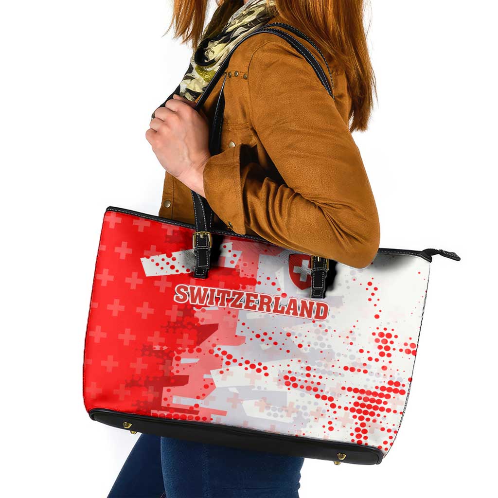 Switzerland Flag Leather Tote Bag with Camo Red White Sportswear with Swiss Cross Shield - Wonder Print Shop