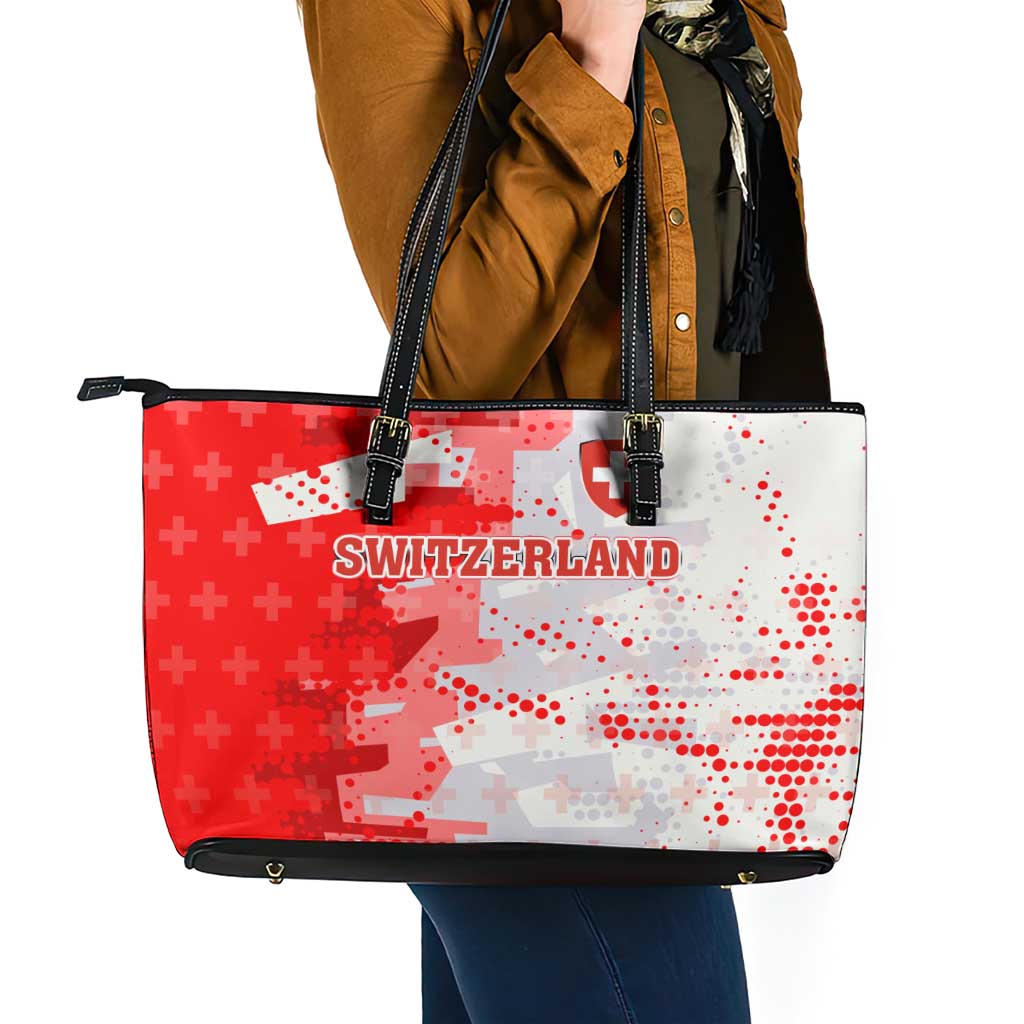 Switzerland Flag Leather Tote Bag with Camo Red White Sportswear with Swiss Cross Shield - Wonder Print Shop